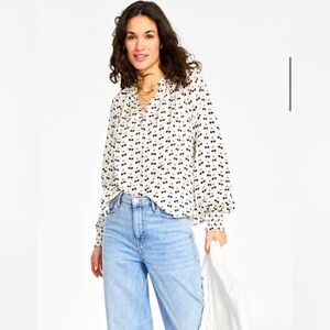 On 34th Printed Pleated Smocked-Cuff Black Cherry‎ Retro Print Blouse SZ Medium